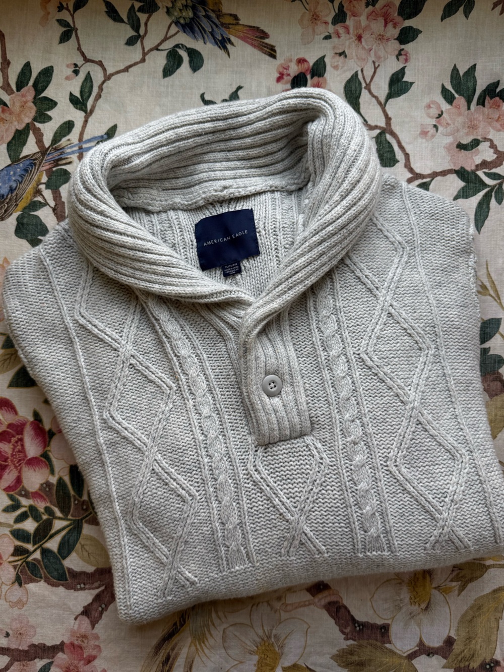American Eagle Outfitters Light Gray Shawl Collar Cable Knit Zip-Up Sweater